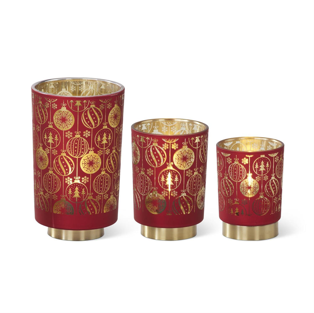 K & K Interiors Red & Gold Interior Ornament Glass Cylinder w/LED & Timer - 4.75"