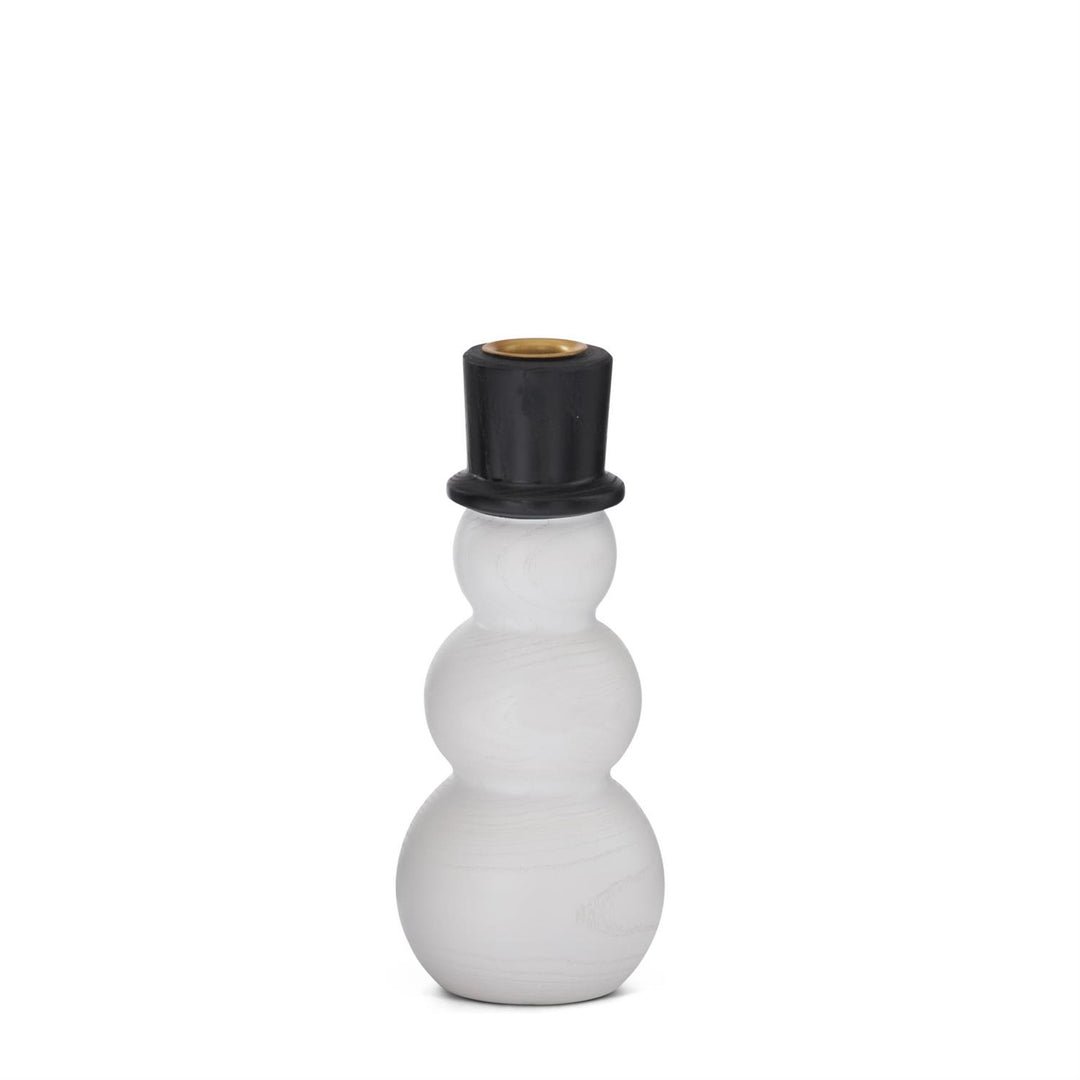 K & K Interiors White & Black Wood Snowman Taper Candleholder - 7.75"