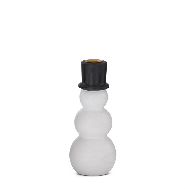 K & K Interiors White & Black Wood Snowman Taper Candleholder - 7.75"