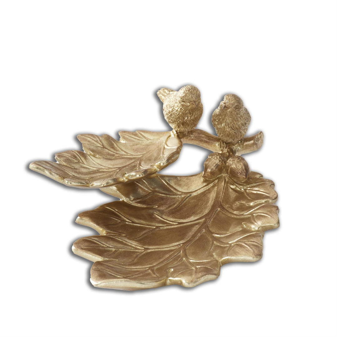 K & K Interiors Gold Resin Leaf Tray w/Birds - 8.5"