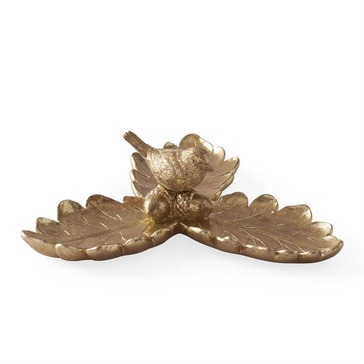 K & K Interiors Gold Resin Leaf Tray w/Bird - 8.75"
