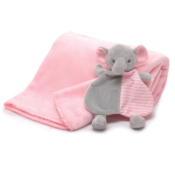Burton & Burton Baby Plush & Blanket Gift Set - Pink & Gray Elephant w/Pink Blanket & Rattle (Copy)
