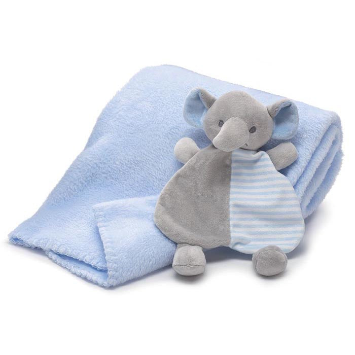 Burton & Burton Baby Plush & Blanket Gift Set - Blue & Gray Elephant w/Blue Blanket & Rattle