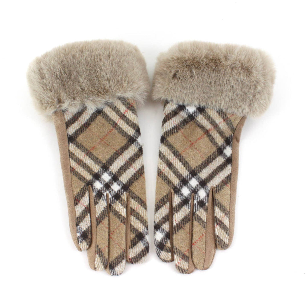 Pretty Persuasions Gloves - Beige Plaid w/Faux Fur
