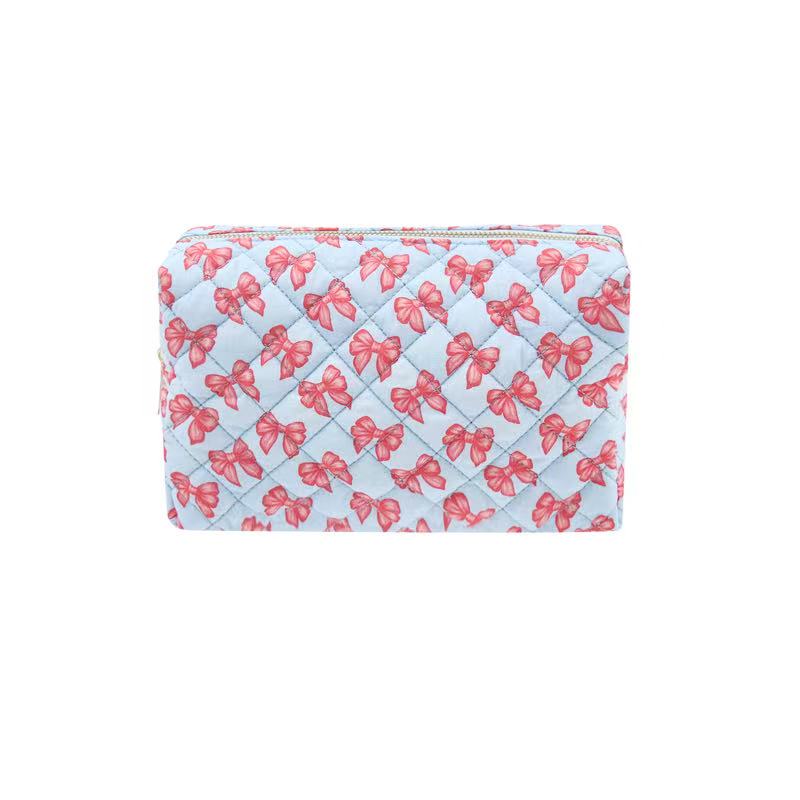 Karma Travel Quilted Makeup Cosmetic Vanity Bag - Blue Bow