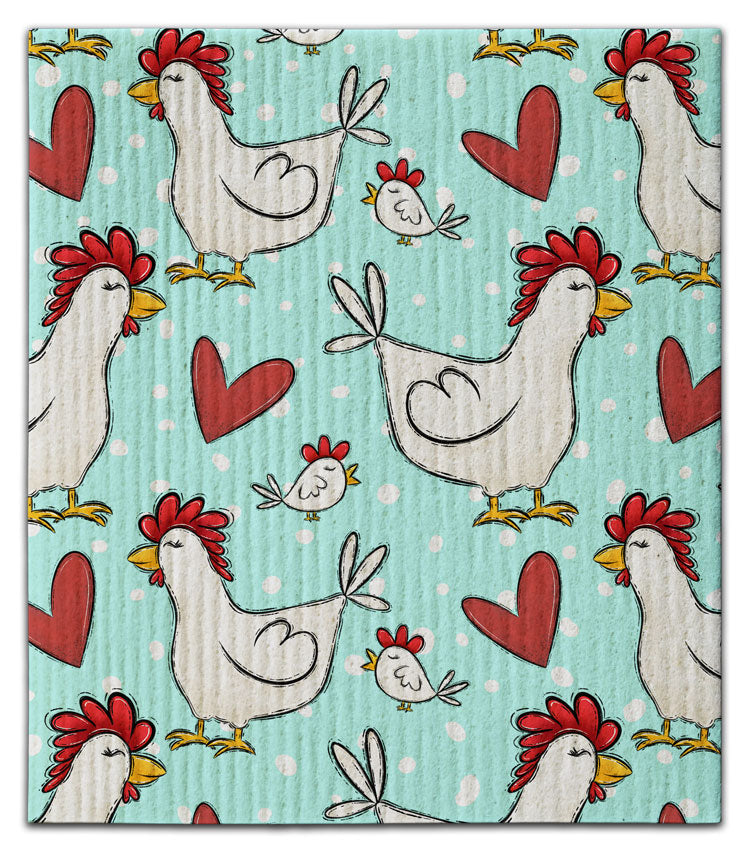 CJ Bella Co Dishcloth - White Chickens and Hearts