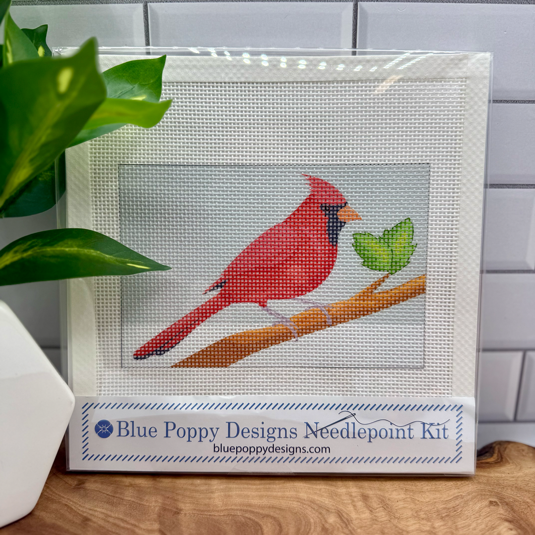 Blue Poppy Cardinal Needlepoint Kit (two green leaves on branch)