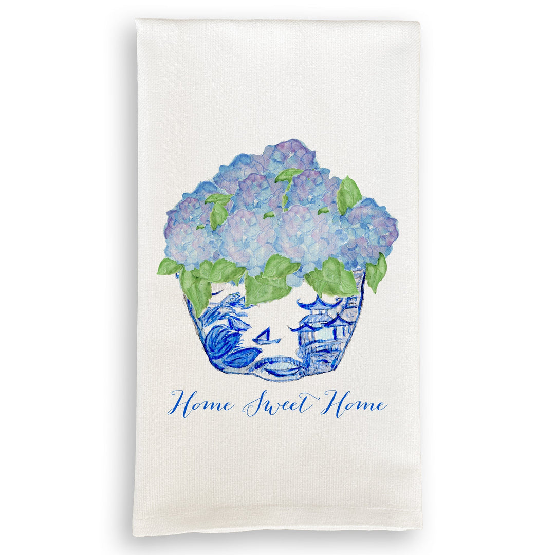 French Graffiti Dish Towel - Blue & White Bowl with Hydrangeas