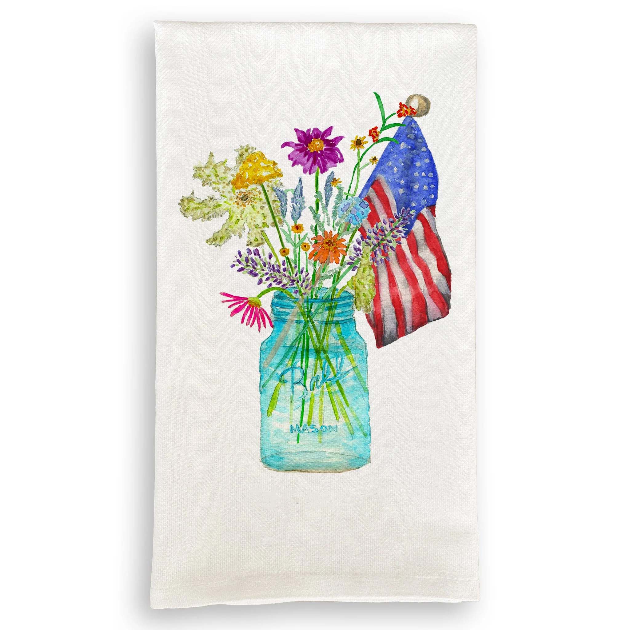 French Graffiti Dish Towel - Wildflowers in a Mason Jar with Flag