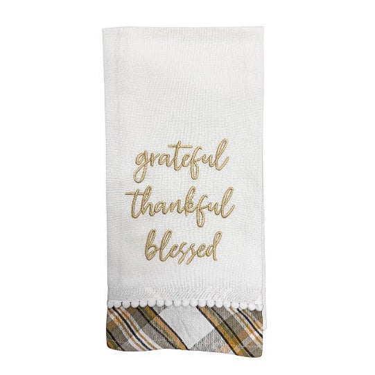 Hanging By A Thread Towel - Grateful Thankful Blessed with Pom Poms