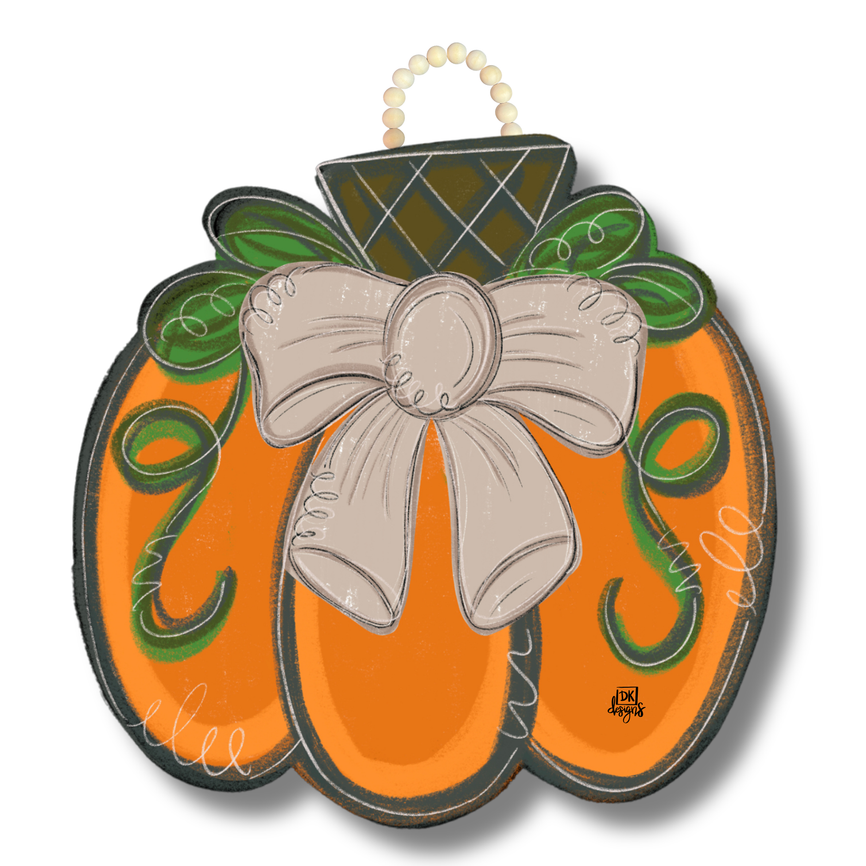DK Tan Bow Pumpkin Door Hanger