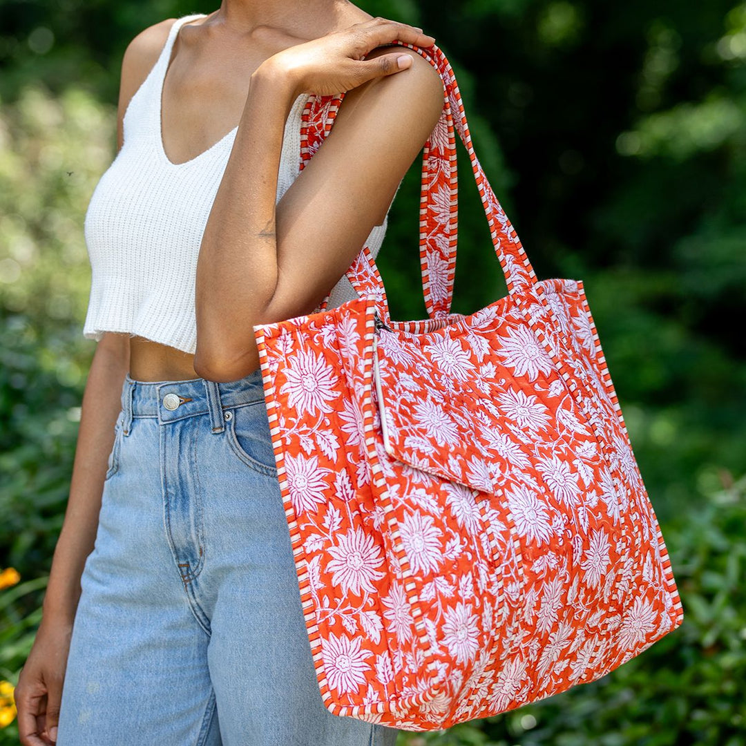 Anju Quilted Tote Bag with Travel Pouch – Orange Botanicals