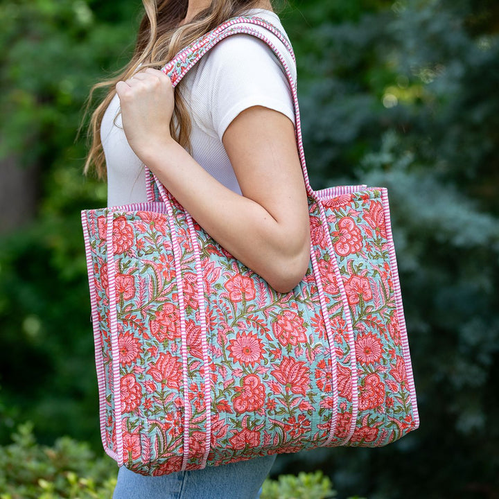 Anju Quilted Tote Bag with Travel Pouch – Pink Carnations