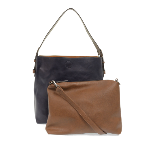 Joy Susan Classic Hobo Handbag - Midnight Blue/Coffee Handle/Silver Buckle