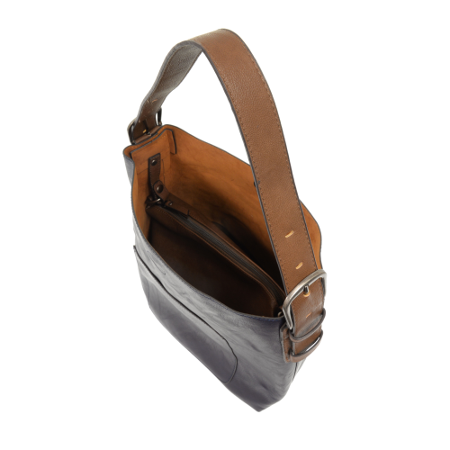 Joy Susan Classic Hobo Handbag - Midnight Blue/Coffee Handle/Silver Buckle