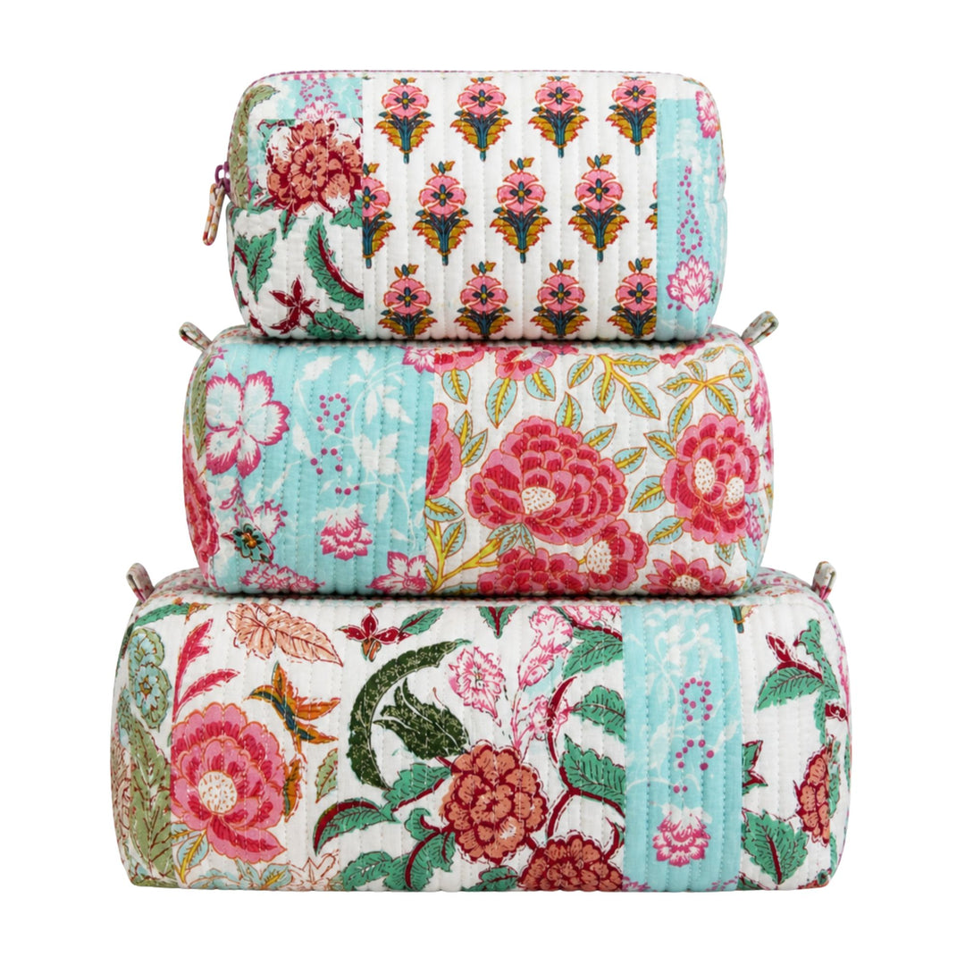 Queen Designs 3-in-1 Floral Quilted Cosmetic Bag Set