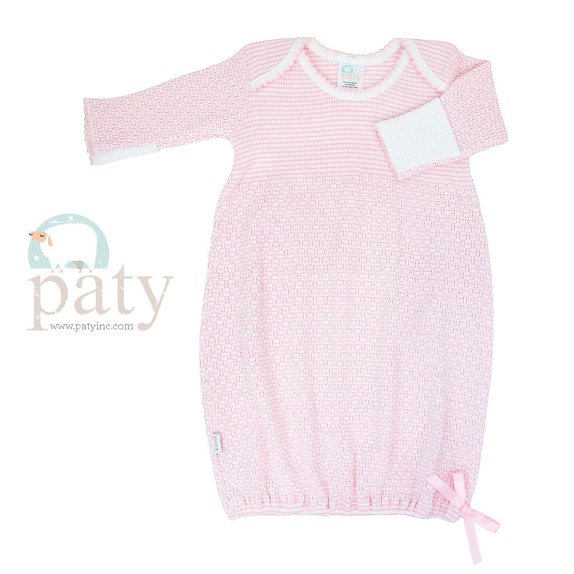Paty Knit Overlap Shoulder Gown (Solid Color, No Bow) Pink w/ Pink Trim - Newborn
