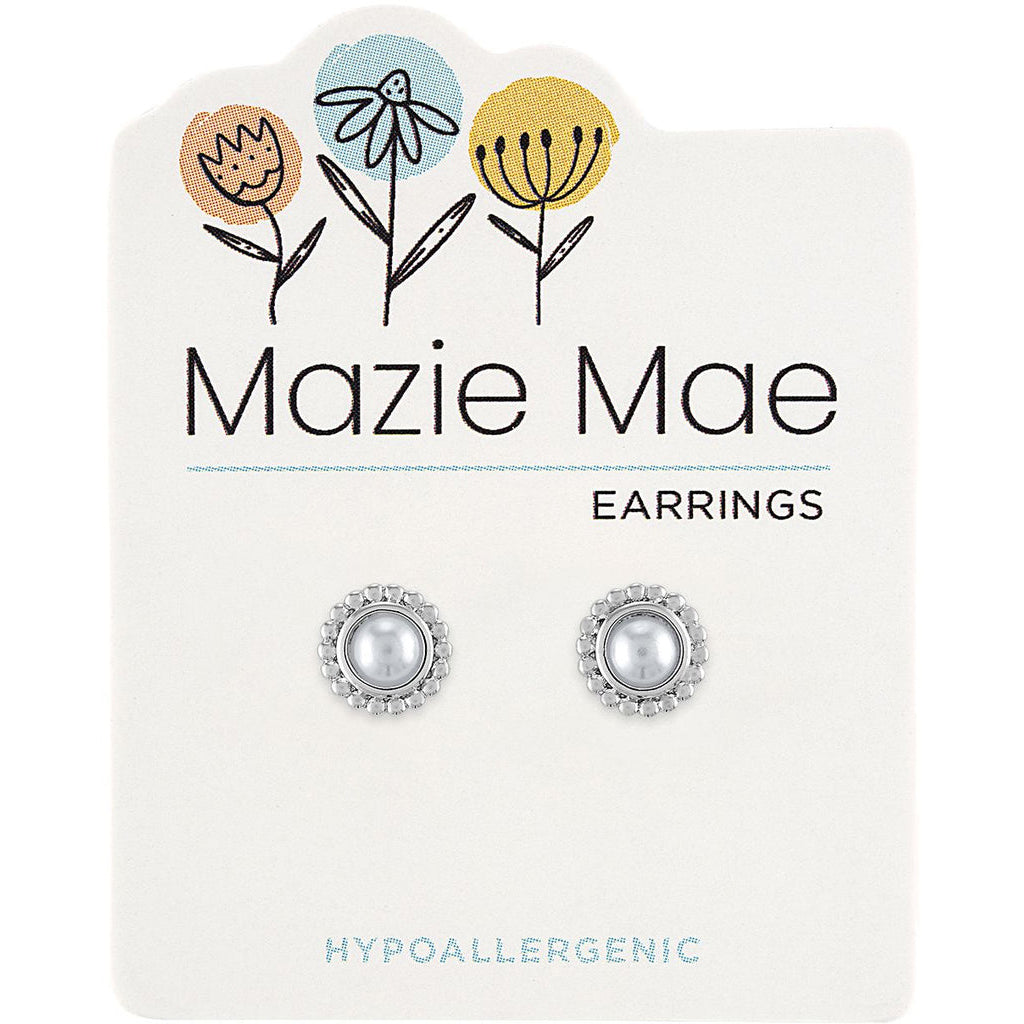 Mazie Mae Silver Beaded Pearl Stud Earrings