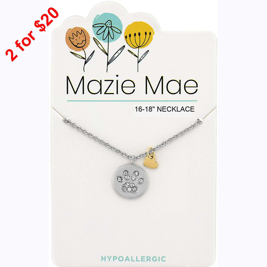 Mazie Mae Silver Paw Print Pendant & Gold Heart Dangle Necklace