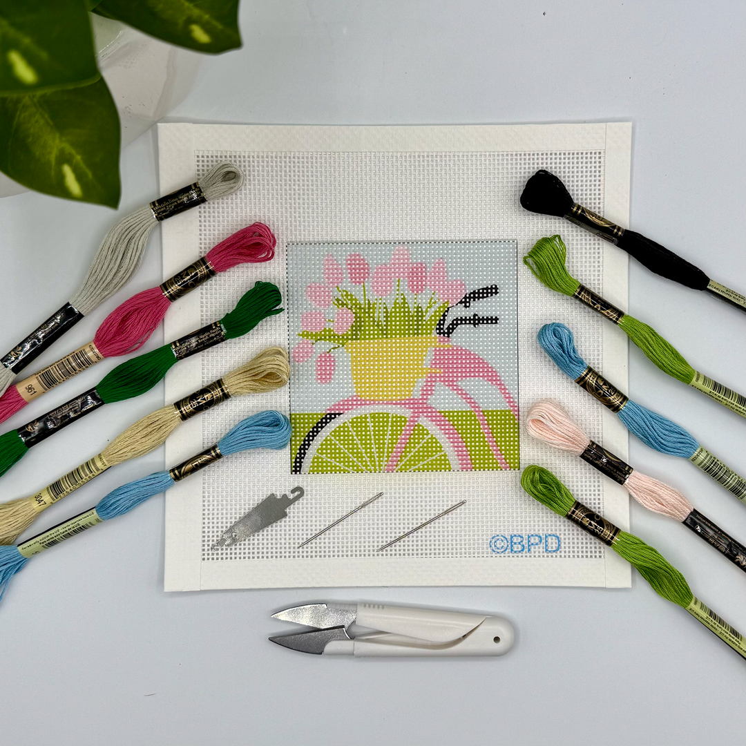 Blue Poppy Bicycle with Pink Flowers Needlepoint Kit