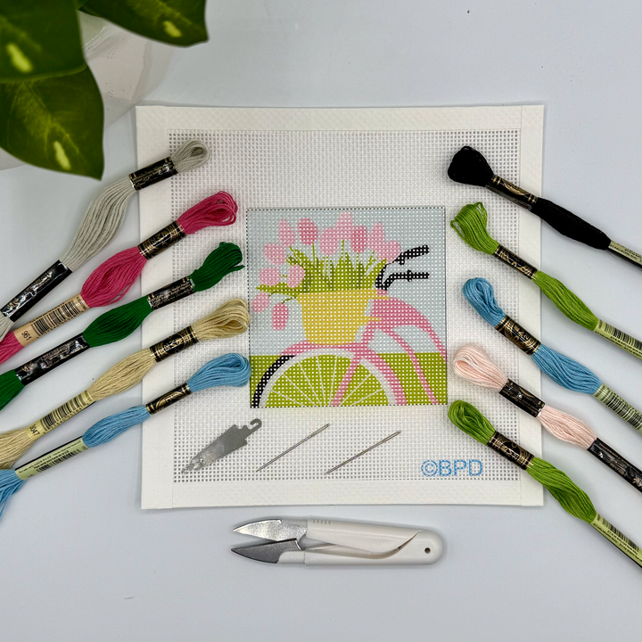 Blue Poppy Bicycle with Pink Flowers Needlepoint Kit