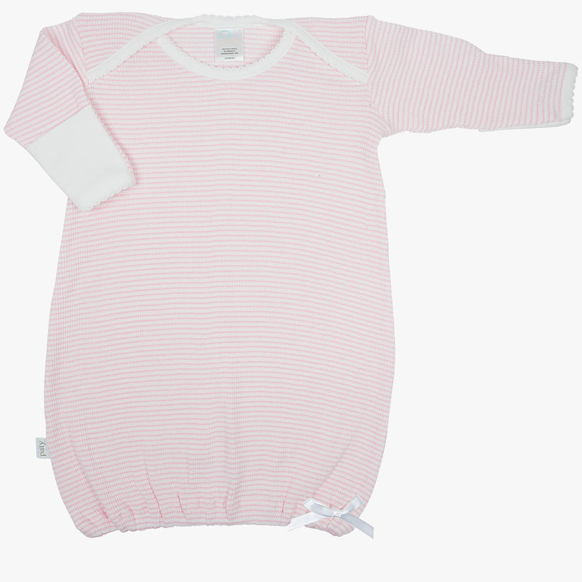 Paty LS Rib Knit Lap Shoulder Gown Pink w/White Trim - 3 Months