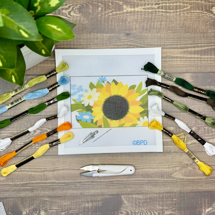 Blue Poppy Sunflower with Daisies and Wildflowers Needlepoint Kit