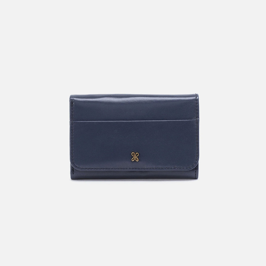 Hobo Jill Trifold Wallet - Blue Stone Polished Leather