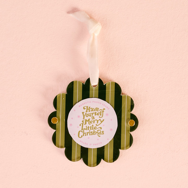 The Darling Effect Scalloped Round Picture Frame Ornament - Evergreen Stripes