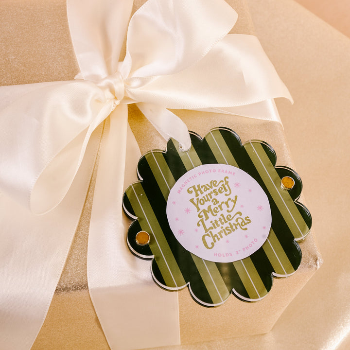 The Darling Effect Scalloped Round Picture Frame Ornament - Evergreen Stripes