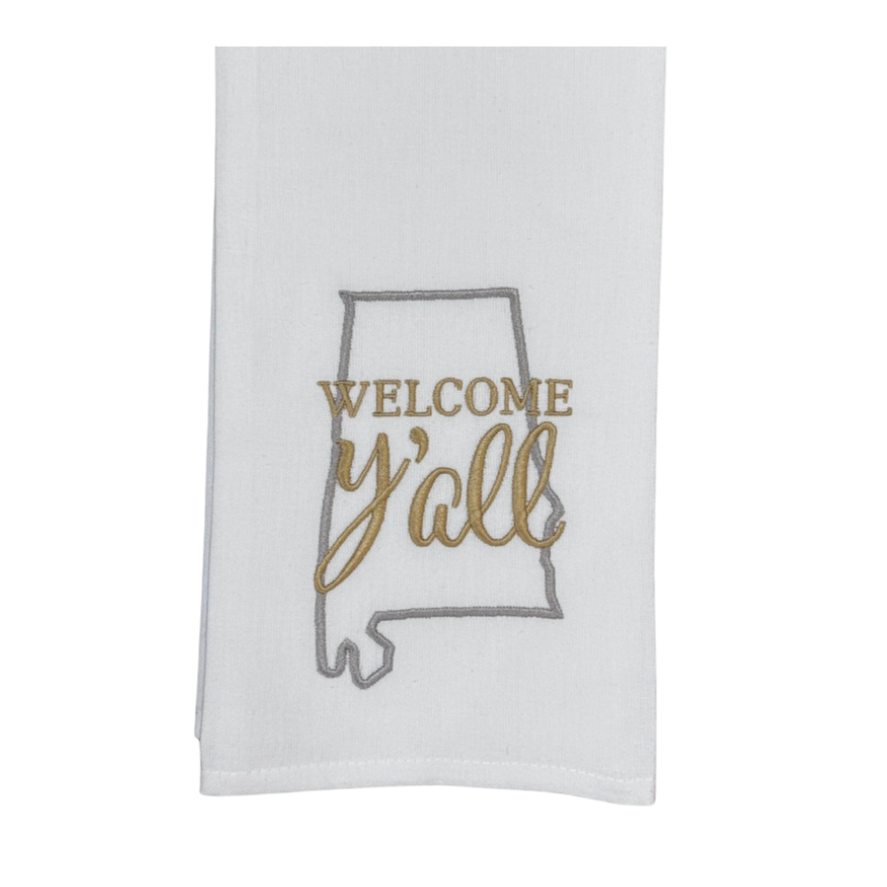 Hanging By A Thread Wheat Towel - State of Alabama Welcome Y'all