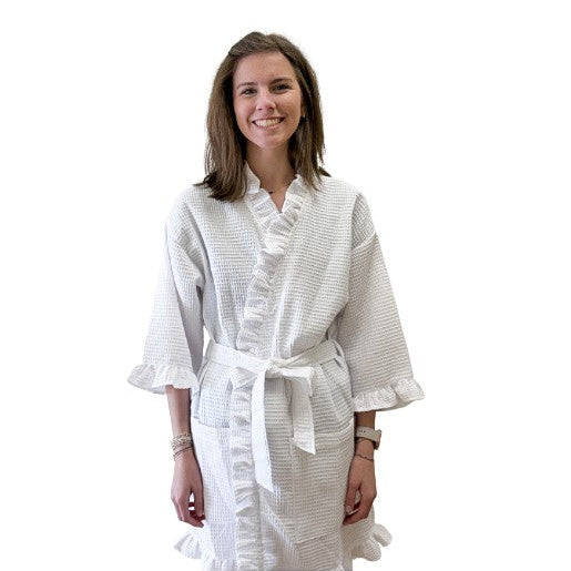 Cotton Waffle Ruffle Robe - White