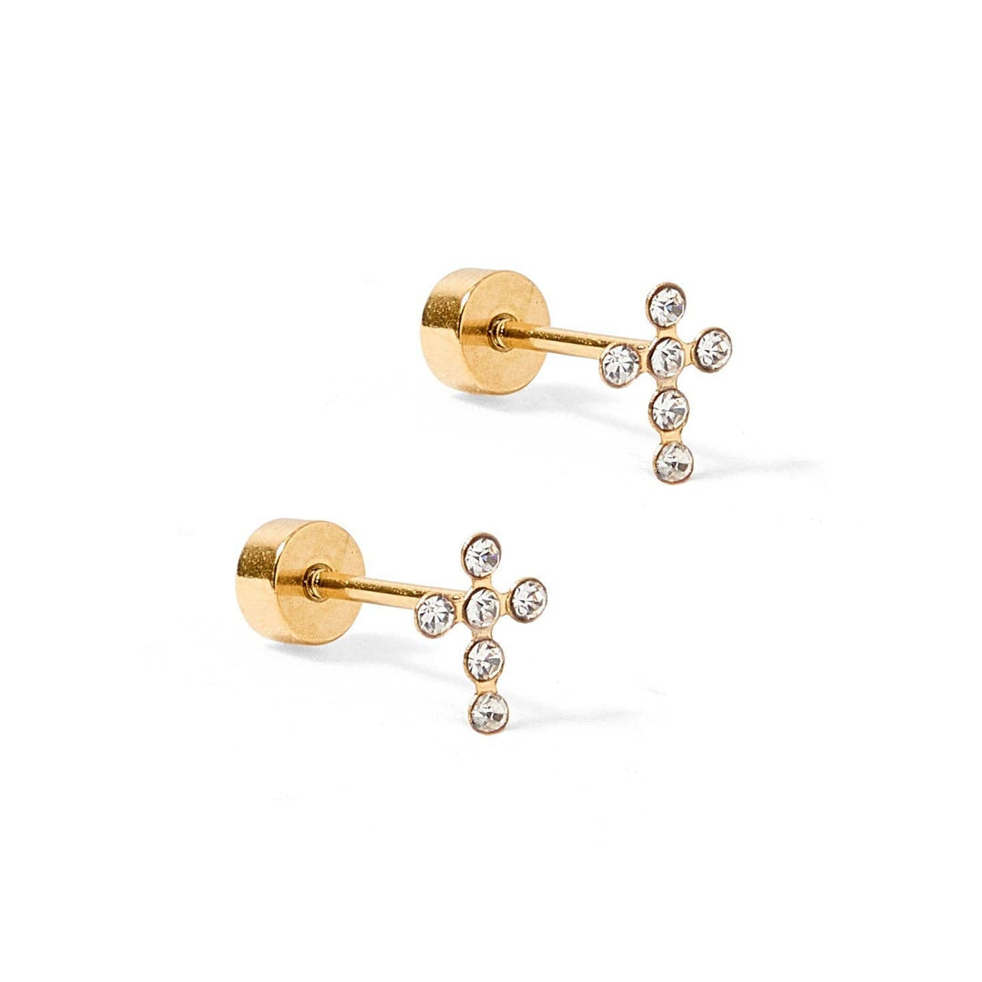 Linny Co Screwback Stud Earrings - Clara Cross Gold Sparkle