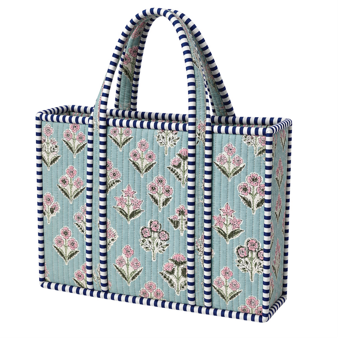 Quilted Mini Tote - Blue Floral Vine