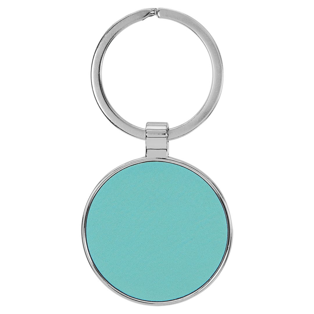 Teal Leatherette/Metal Round Keychain