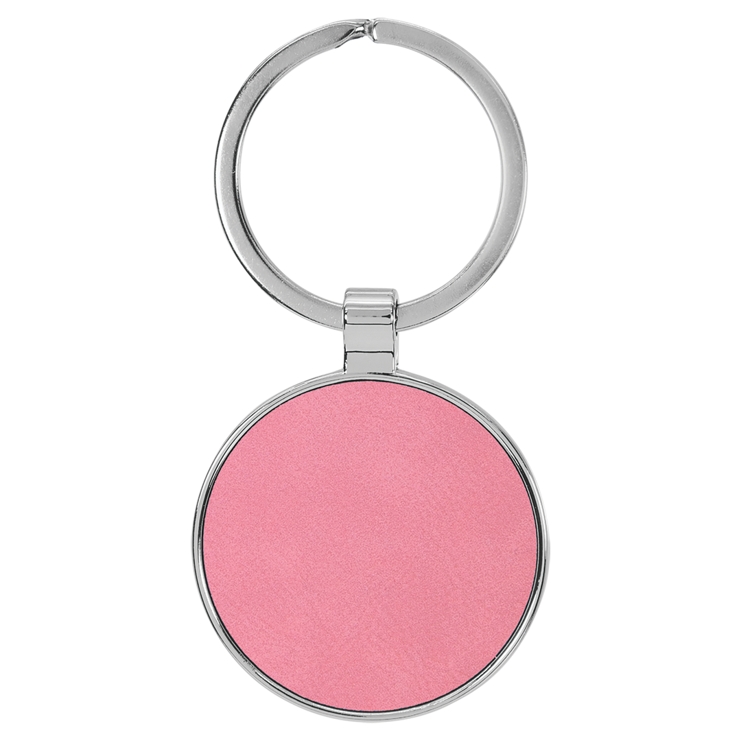 Pink Leatherette/Metal Round Keychain