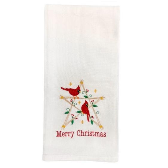 Hanging By A Thread Wheat Towel - Cardinal w/ Stars & Merry Christmas