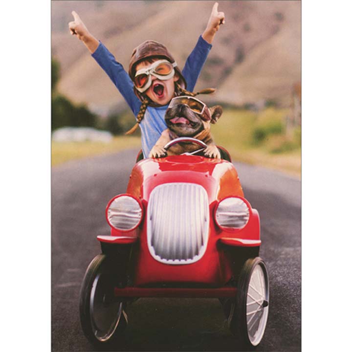 Avanti Press Girl with Raised Arms and Dog Driving Red Go Cart Graduation Card