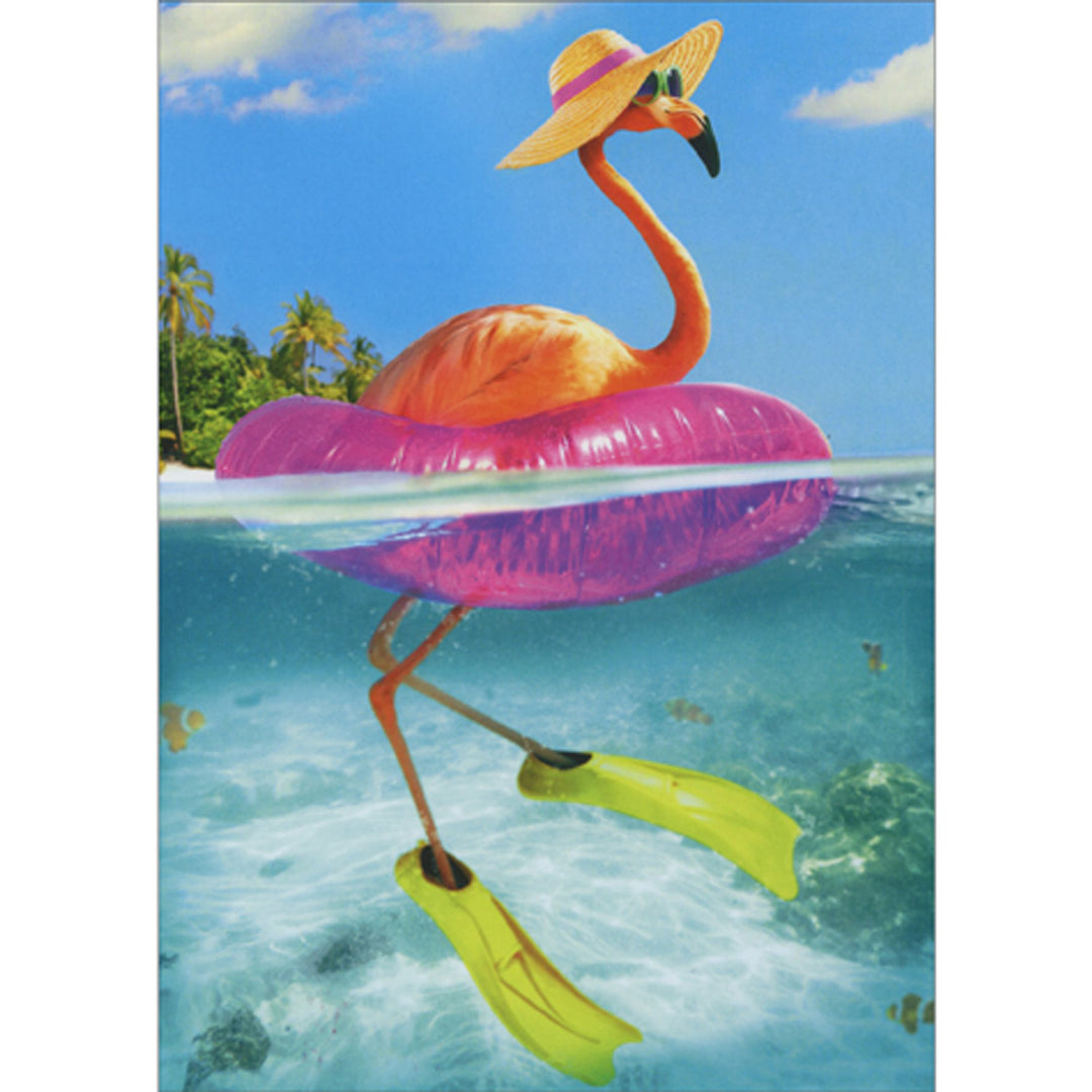 Avanti Press Flamingo Wearing Flippers and Floating in Pink Inner Tube Birthday Card