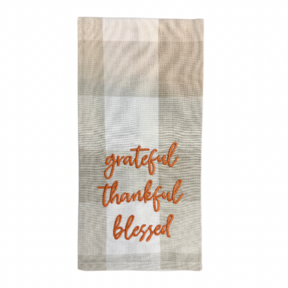 Hanging By A Thread Beige Checkered Towel - Grateful, Thankful, Blessed