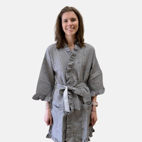 Cotton Waffle Ruffle Robe - Gray/Junior