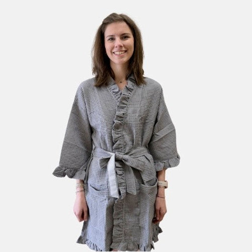 Cotton Waffle Ruffle Robe - Gray