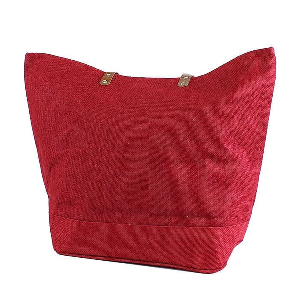MiMi JUTE Leather Handle Jute Burlap Tote - Red