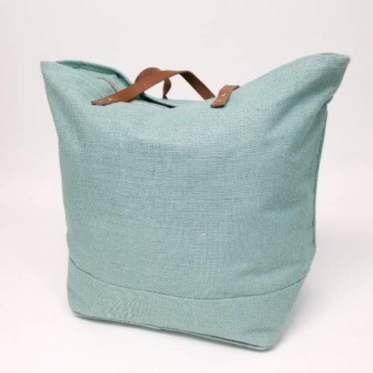 MiMi JUTE Leather Handle Jute Burlap Tote - Sea Foam