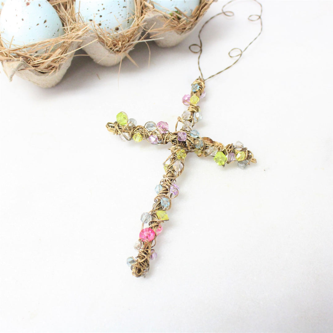 Trade Cie Gold Wire Cross with Multicolor Beads (11" with hanger)