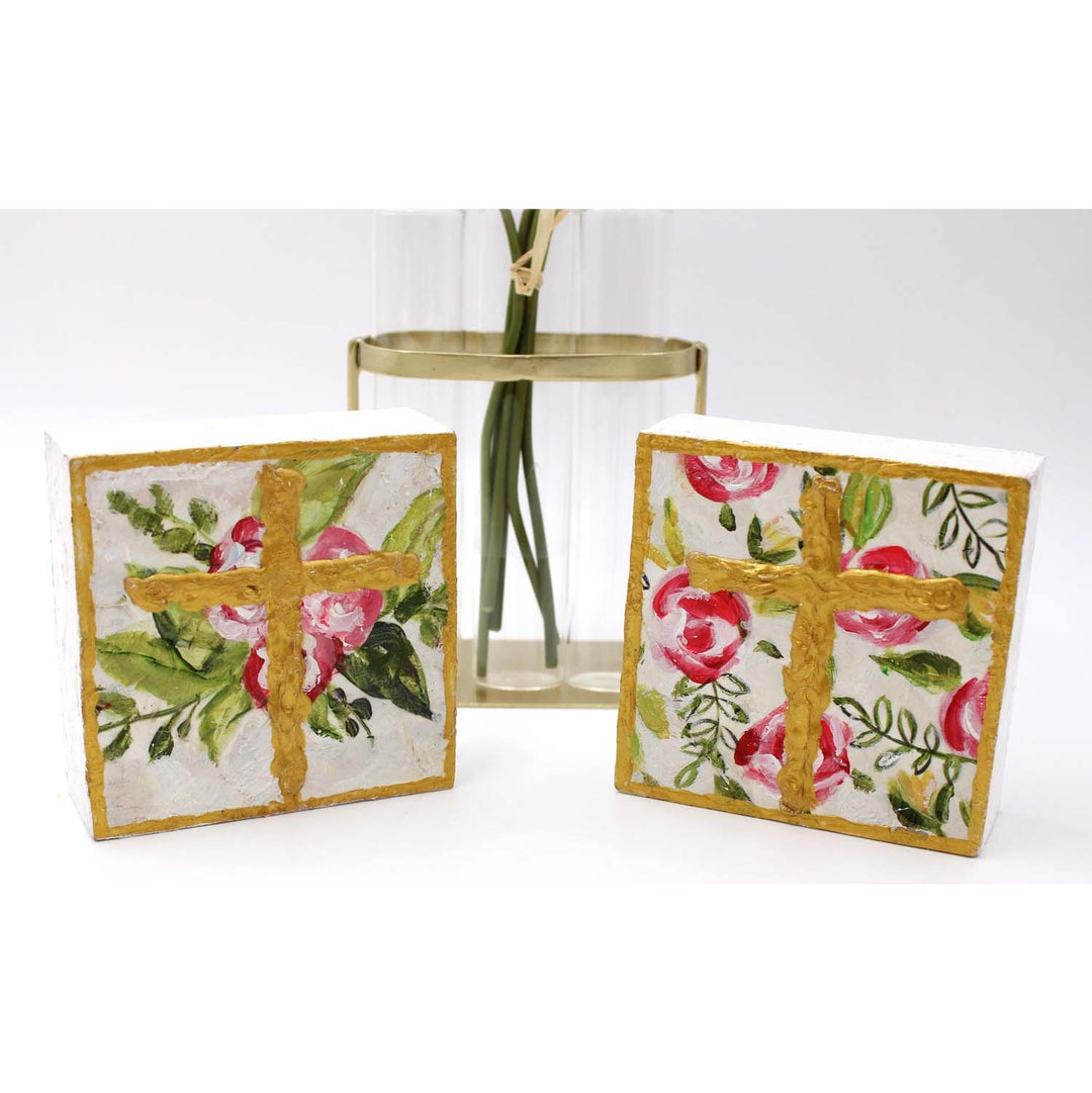 Trade Cie Hand Painted Wood Block Sign - Floral Cross