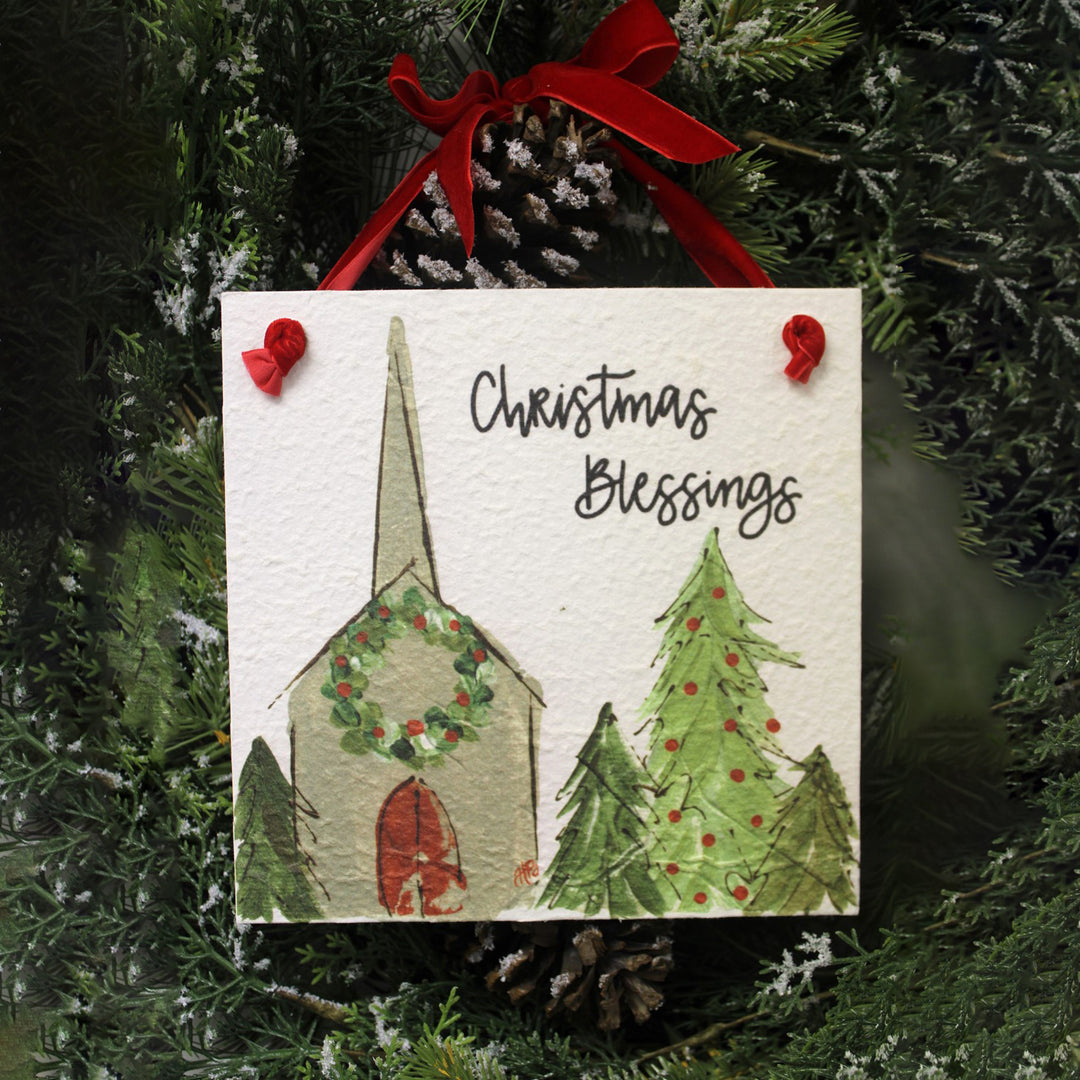 Trade Cie Textured Wall Sign - Velvet Ribbon/Christmas Blessings Church