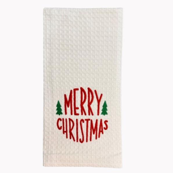 Hanging By A Thread Waffle Weave Towel - Circle Merry Christmas with Trees