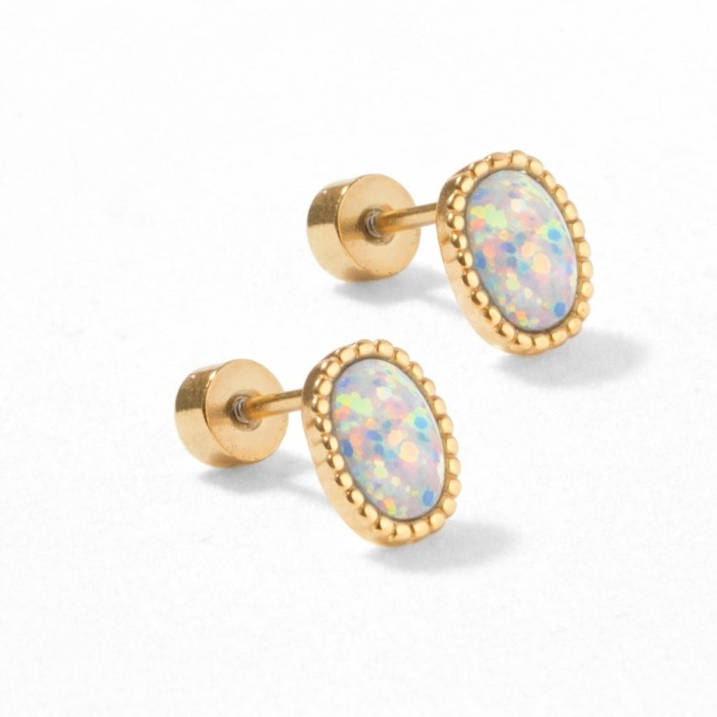 Linny Co Screwback Stud Earrings - Luna Opal White
