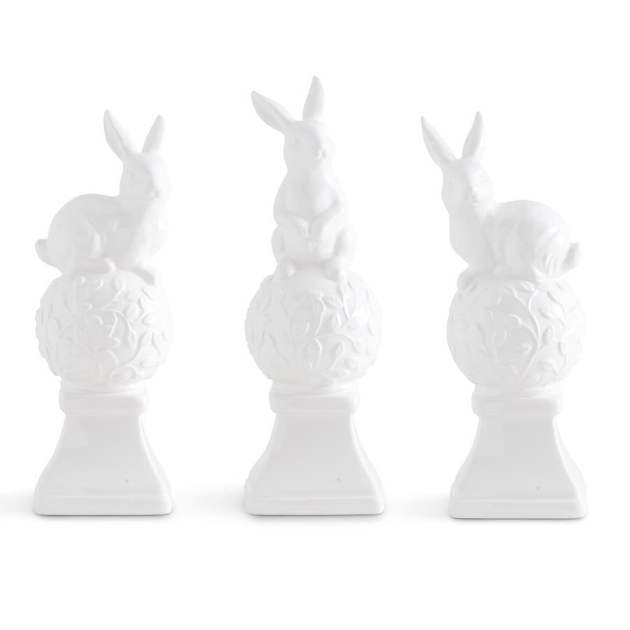 K & K Interiors White Ceramic Finial w/Bunny on Top - 9.75" Style 1